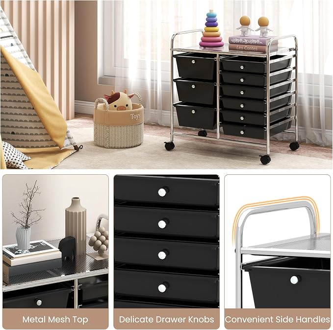 COSTWAY Rolling Storage Cart with 9 Drawer, Utility Cart with Metal Frame | Mobile Art Supply Craft Organizer, Multipurpose Storage Organizer for Paper, Office, School Teacher, Classroom, Black - Image 9