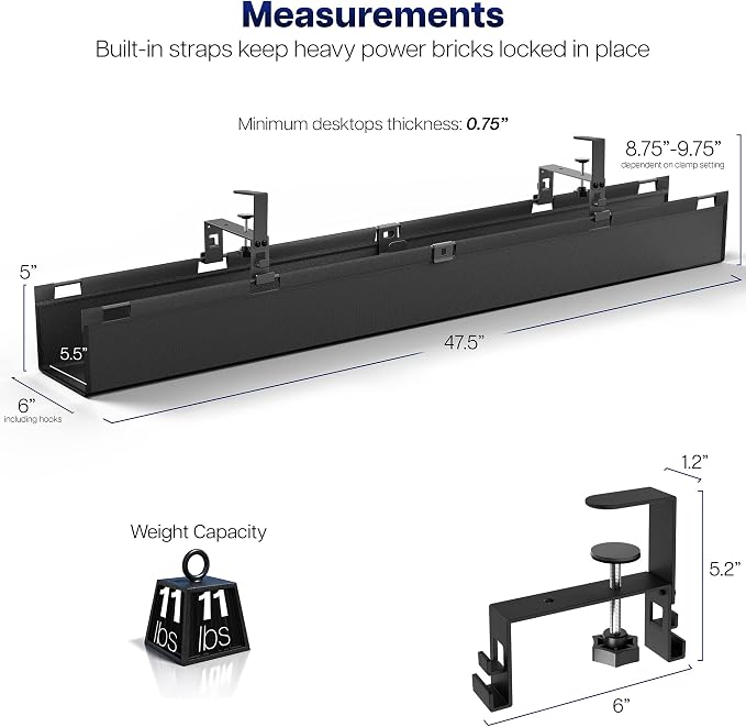 VIVO Clamp-on Under Desk 47 inch Fabric Cable Management Tray, Wire Concealer, Power Strip Storage, Workspace Organization, Easy Fold Down Access, Black, DESK-AC47F-C - Image 5