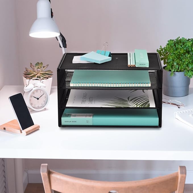 3 Tier Mesh Desk Organizer Tray, File Paper Letter Folder Holder Desktop Paper Sorter Mail Organization Rack Storage Accessories, for Office Home School Classroom, Black - Image 6