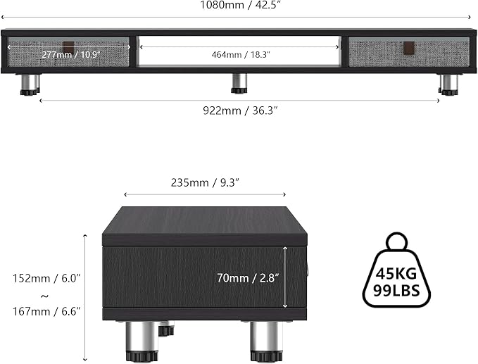 Fenge Dual Monitor Stand, 2-Tier Desk Organizer with Drawers, 42.5in, Black | Storage Fabric Drawer, Ergonomic Height Adjustable, Desk Shelf for Top of Desk, Laptop, PC, TV, Home Office Organization - Image 3