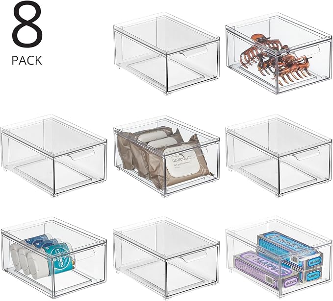 mDesign Plastic Bathroom Organizer Bin w/Pull Out Drawer - Slim Stackable Storage Container for Bathroom Accessories - Perfect for Organizing Bathroom Cabinet - Lumiere Collection - 8 Pack - Clear - Image 4