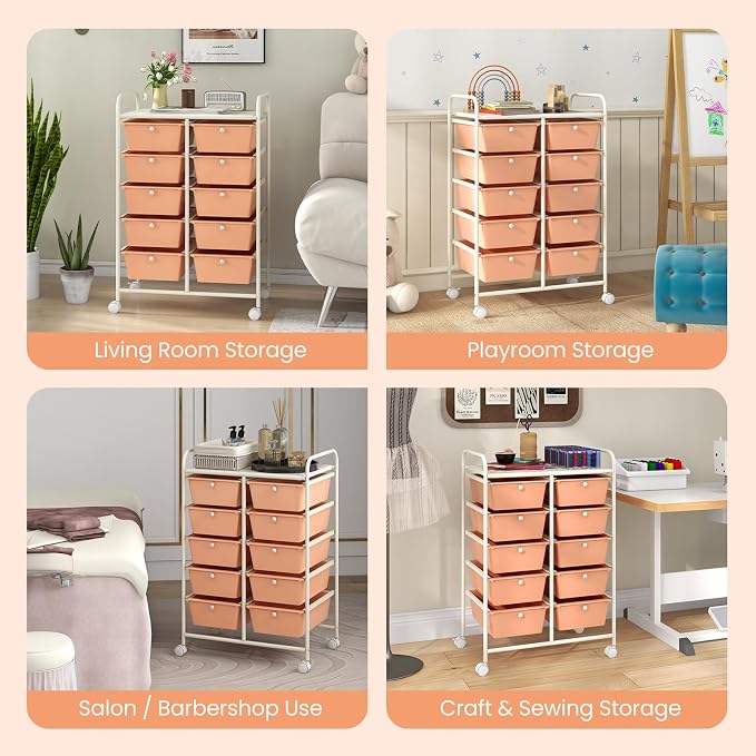 Giantex 10 Drawers Rolling Cart, Classroom Organizers, Storage Cart with Wheels, for Teacher Office Home School Supplies Tool Craft Art Paper, Peach Fuzz - Image 5