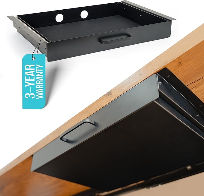 Under Desk Drawer Slide Out Attachment - Carbon Steel Undermount Table Drawer with Cable Management, Pull Out Add-On Storage for Office & Standing Desks (21.5" x 14" x 2.8") by COREMINDED