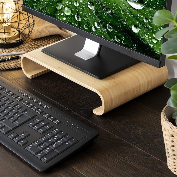 Navaris Wood Monitor Stand Riser - Computer Desk Organizer Desktop Dock Wooden Mount Display for PC TV Screen Notebook Laptop - Bamboo - Image 2