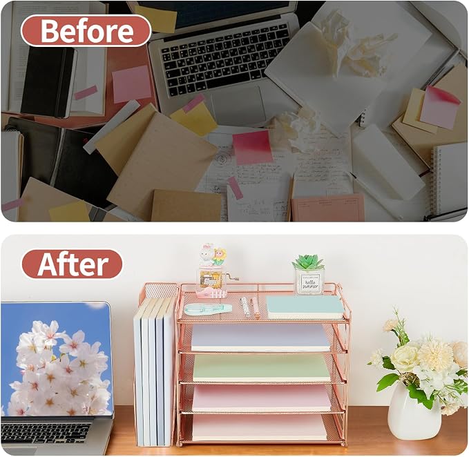 AUPSEN Rose Gold Desk Organizers and Accessories, 5-Tier Desktop Paper File Organizer with Removable File Holder, Desk Accessories & Workspace Organization for Home Office Supplies (Rose Gold) - Image 3