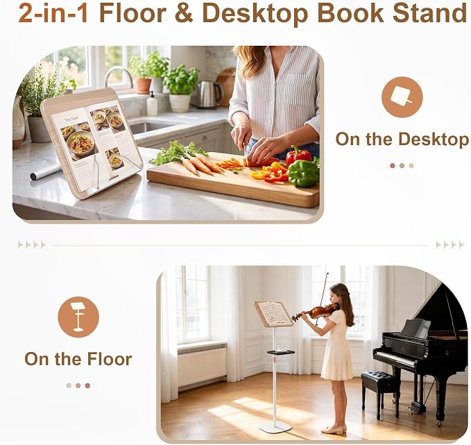 2-in-1 Floor & Desktop Music Book Stand, Adjustable Height 19.7-51.2 in | Dual-use Detachable Reading Stand, Features Storage Tray and Page Clips for Sheet Music, Laptops & Cookbooks - Image 2