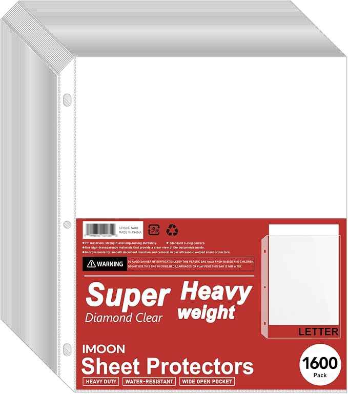 Super Heavyweight 3-Hole Letter Size Sheet Protectors - High Transparency Plastic Heavy Duty Sleeves for 3 Ring Binders, Archival Safe, Durable Page Protectors for Documents, 8.5x11 Inch (1600 Pack) by Unknown