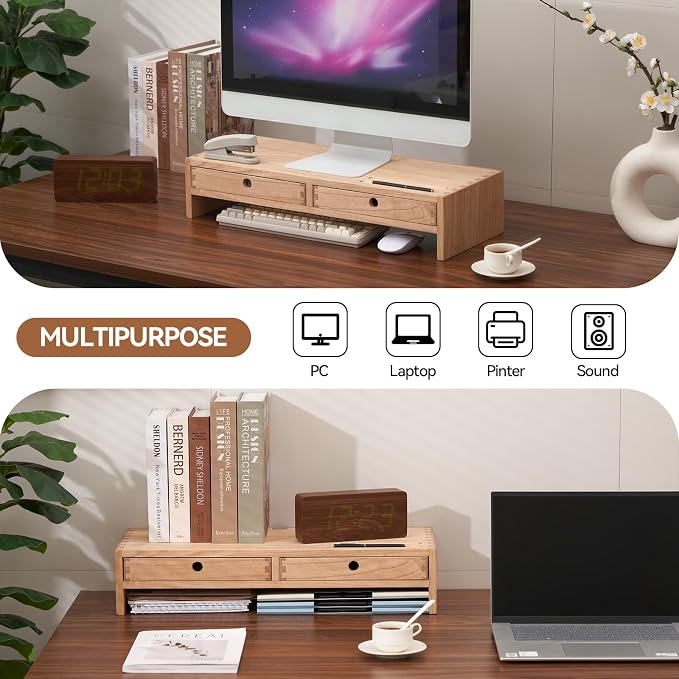 KIRIGEN Solid Wood Monitor Stand with 2 Drawers, Desk Riser, Natural PMJ-NA | Desktop Organizer with Cable Opening and Pen Slots Stores Office Supplies, Supports Up To 50 Lb and Arrives Fully Assembled. - Image 3
