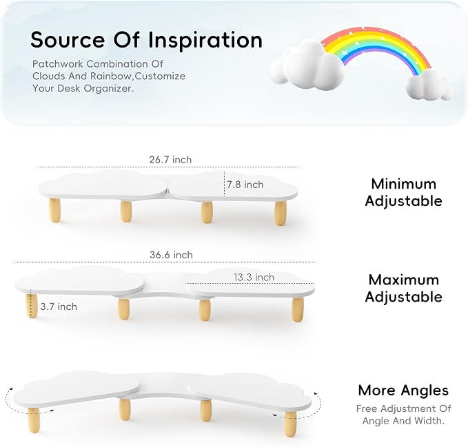 AFOOYO Dual Monitor Stand Riser,Rainbow Cloud Desktop Computer Stand for 2 Monitors,Adjustable Length and Angle Multifunctional Desktop Organizer Stand for Laptop, PC, Computer, Printer,White - Image 5