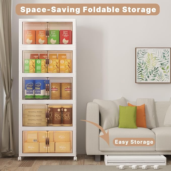 Stackable Storage Bins with Lids, 600QT Closet Organizers and Storage Cabinet with Doors & Wheels, Lockable Plastic Foldable Drawers for Bedroom Dorm Office Garage（120QT*5,White） - Image 5