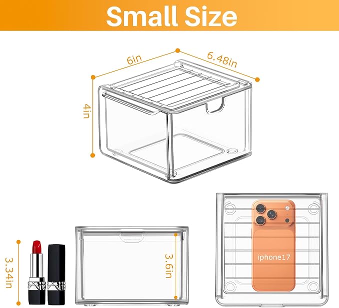 6-Pack Stackable Acrylic Storage Drawers, Small | Smooth-glide drawers, stackable, clear body, dustproof, wipe clean, 6 small, for art tools, makeup, under sink, pantry - Image 3