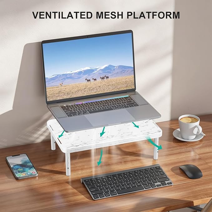 WALI Computer Monitor Stand for Desk, Adjustable Laptop Riser, up to 44 lbs | Desk Monitor Riser Underneath Storage, Fits Notebook, Laptops, Printers, for Home, Office, School(PTT001-M), Marble - Image 5