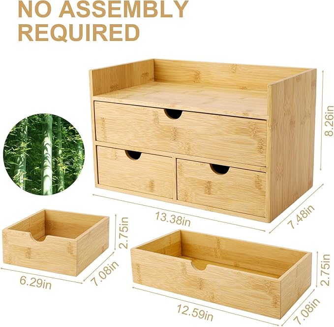 Charmewooden Bamboo Desk Organizer 3 Drawer with shelf, Countertop Organizer with Drawers Makeup Storage Drawer 3 Drawers Tabletop Storage Organization Box Home Office Workspace - Image 3
