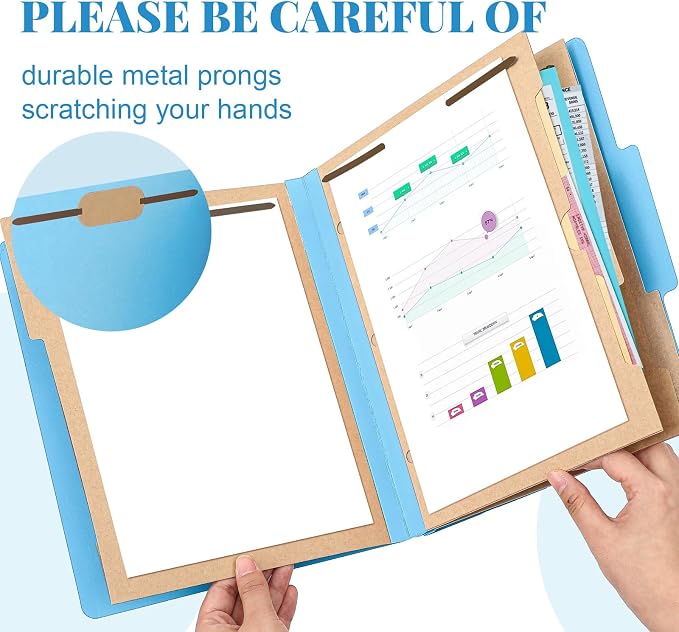 Skyygemm 12 Pcs Classification Folders 3 Pocket Dividers Letter Size Employee File Folder with 2 Prong Fasteners 2 in Expansion Pressboard Medical Document Organizers Bulk for School Office(Blue) - Image 3