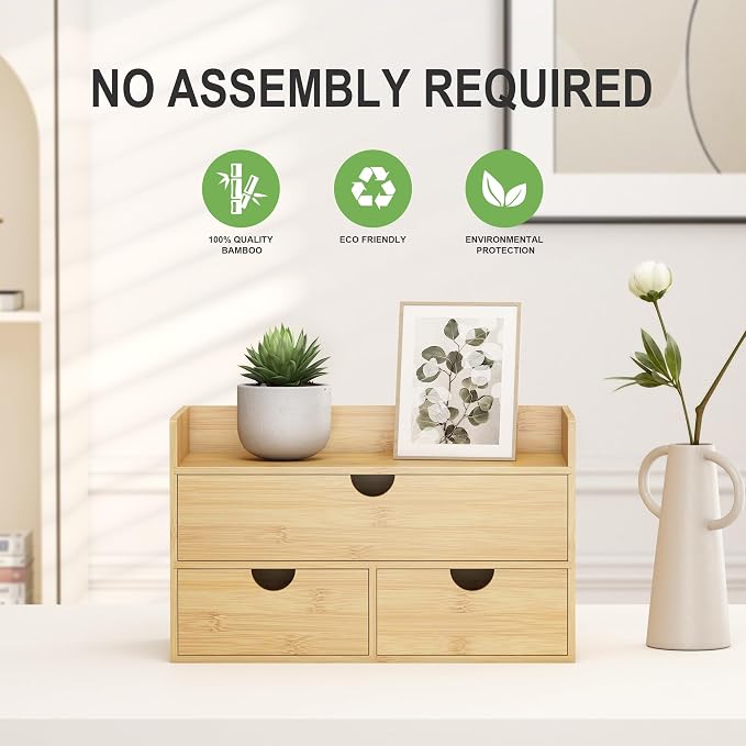 Bamboo Desk Organizer with Drawers, Desktop Storage Box for Office Supplies | 3 Drawers Desktop organizer, No Assembly Required, Natural Wood Wooden Desktop Drawers for Bills, Cosmetics, Seals, Paper - Image 4