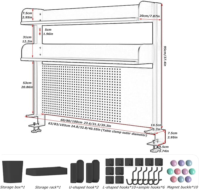 Clamp On Desk Organizer Shelf, BLACK Desk Extender Pegboard Workstation,Computer Desk Accessories for Office, Privacy Panel for Gaming Desk,23.6/31.4/39.3in Desktop Shelving System (, 80cm/31.4in) - Image 3