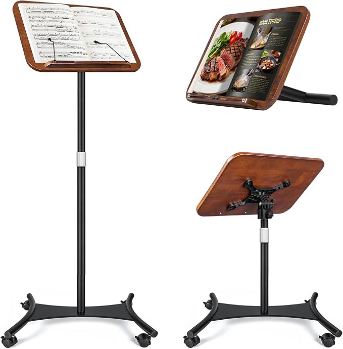2 in 1 Dual-use Music Stand & Desktop Book Stand, Adjustable Height 16.5"-51", 100% Solid Wood Laptop Floor Stand Book Holder with Elastic Page Clips for Cookbooks (Black Walnut-Wheeled) by Unknown