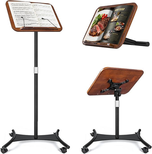 2 in 1 Dual-use Music Stand & Desktop Book Stand, Adjustable Height 16.5"-51", 100% Solid Wood Laptop Floor Stand Book Holder with Elastic Page Clips for Cookbooks (Black Walnut-Wheeled) by Unknown