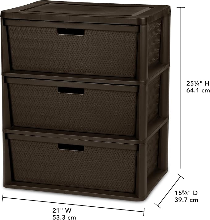 Brown Storage Drawer, 3 Drawer Plastic Weave Wide Tower with Pull Handles - Image 3