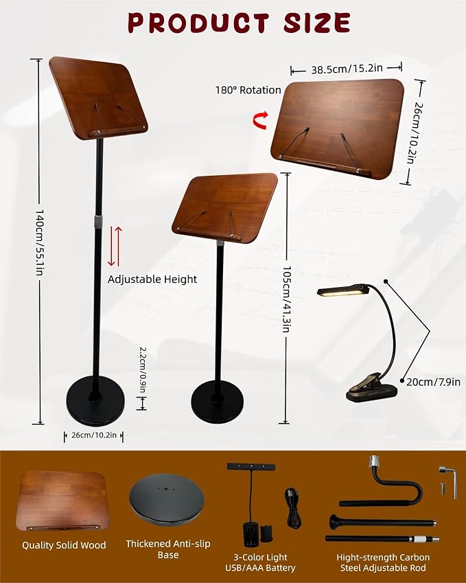 2 in 1 Multiplel-Use Music Stand with Light, Book Holder for Reading, Height Adjustable 18''-55'' Bible Shtender, Portable Podium Stand, Wood Table Stand for Laptop, Classroom, Church, Speech - Image 5