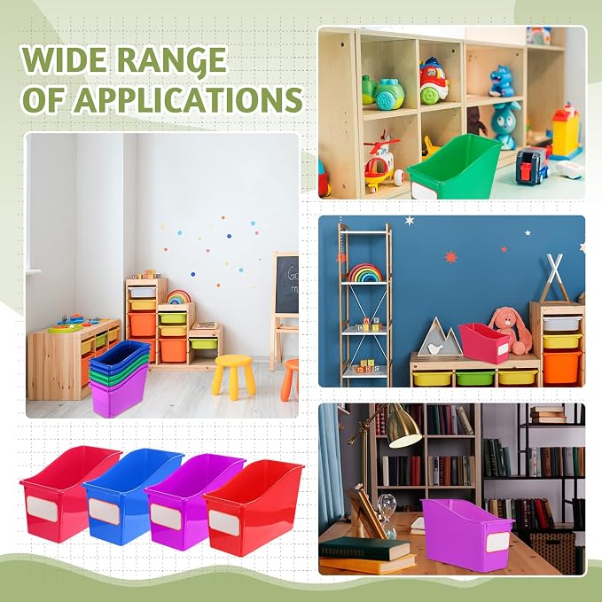Teling 12 Pcs Book Bins Bulk for Classroom Storage Plastic Magazine Holder with Label Interlocking File Folder Organizer Binder Container Box for School Office Desktop Bookshelf Home (Rainbow) - Image 5