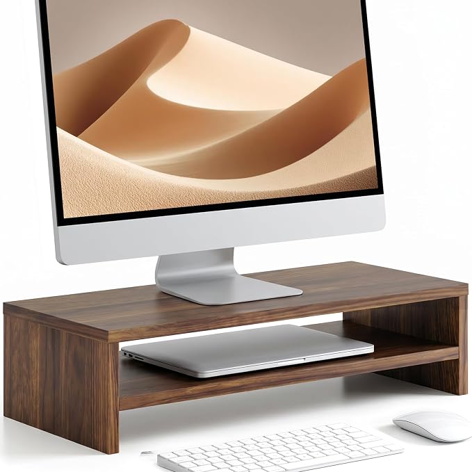 FITUEYES Wooden Monitor Stand Riser, 2-Tier Desk Storage Shelf, Brown | 21.3-Inch Desktop Organizer Fits Laptop, Computer Screen and Office Supplies by FITUEYES