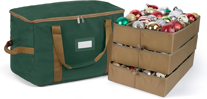 Covermates Keepsakes Adjustable Ornament Storage Bag – Heavy-Duty Polyester, Padded Dividers & FlexGrid Trays – Protective Holiday Ornament Organizer with Handles & Label Window, Green by Covermates