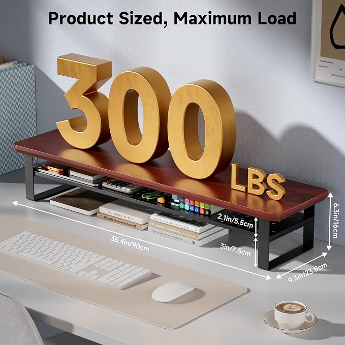 Dual Monitor Stand, 35.4 Inch Monitor Stand Riser for 2 Monitors, 2 Tiers Wood Desk Shelf with Storage, Desktop Organizer Stand for Computer, Laptop, Printer, TV - Image 2