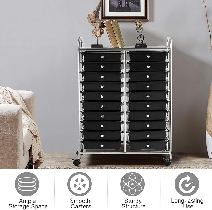GOFLAME 20-Drawer Rolling Storage Cart, Multifunctional Art Craft Organizer Cart, Mobile Utility Storage Cart with Removable Drawers & Lockable Wheels, Craft Cart for Home Office School, Black - Image 4