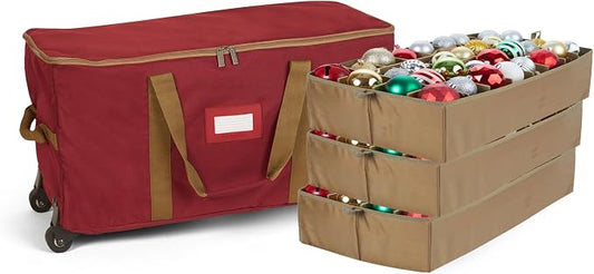 Covermates Keepsakes Rolling Adjustable Ornament Storage Bag – Heavy-Duty Polyester, FlexGrid Trays & Padded Dividers – Protective Holiday Organizer with Wheels, Handles & ID Window, Red by Covermates