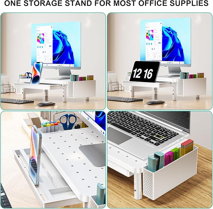 WALI Computer Monitor Stand with Storage, Desk Organizer with Drawer and Pen Holder, Desk Monitor Riser 3 Height Adjustable, Laptop Riser for Computer, Laptop, Printer(PTT003-W), 1 Pack, White - Image 5