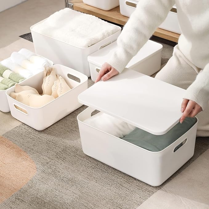 Ytteve 6 Pack White Stackable Plastic Storage Bins with Lids & Handles, Durable - 4 Large (14.4"x10.2"x6.3") & 2 Medium (11.8"x8"x4.7"), Multi-size for Closet, Shelves, Drawers, Home & Office - Image 3