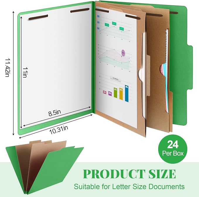 24 Pcs Skyygemm Classification Folder Letter Size, 2 Pocket File,Green | Back to School Supplies, File Organizer with Fastener, Expanding File Organizer Bulk for Office Employee, Staff, Teacher - Image 2