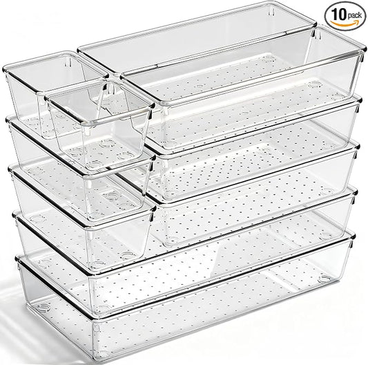 Drawer Organizer, 10 Pack Large Clear Plastic Organizer Bins 5 Sizes, Versatile Bathroom Drawer Trays, Heavy Duty Non‑Slip Drawer Dividers for Makeup, Office & Kitchen Utensils by CHOWAY