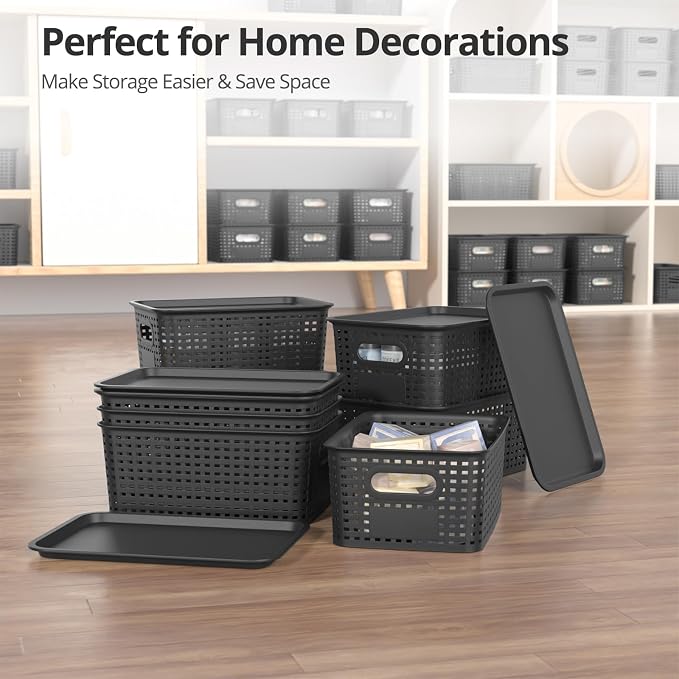 Plastic Storage Basket with Lid, Stackable Small Box Bins for Organizing and Containers for Shelves Drawers Desktop Closet Playroom Pantry Classroom Office Home, 8 Pack 10.2x7.2x4.1 Inch, Black - Image 7