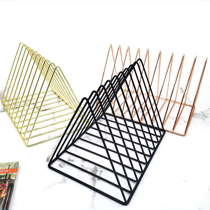 9 Slot Magazine Rack Book Record Holder, Desktop Iron Storage Rack Bookshelf Multifunction Triangle File Organizer Sorter for Decor Home Office, Black Pack of 2 - Image 7