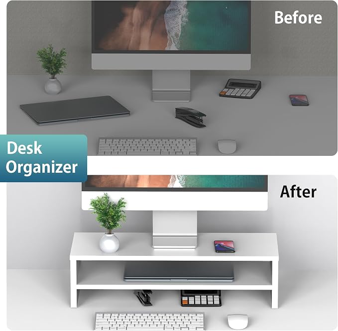 FITUEYES Wooden Monitor Stand Riser, 2-Tier Desk Storage Shelf, White | 21.3-Inch Desktop Organizer Fits Laptop, Computer Screen and Office Supplies - Image 6