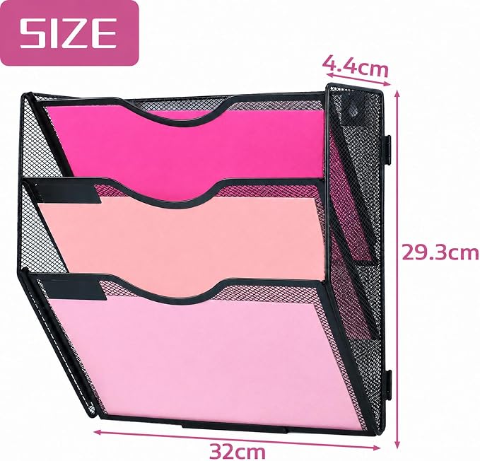 3 Pockets Mesh Wall File Holder Organizer Office Hanging File Folder Magazine Rack, Nametag Label Hooks Set Included (Black) - Image 2
