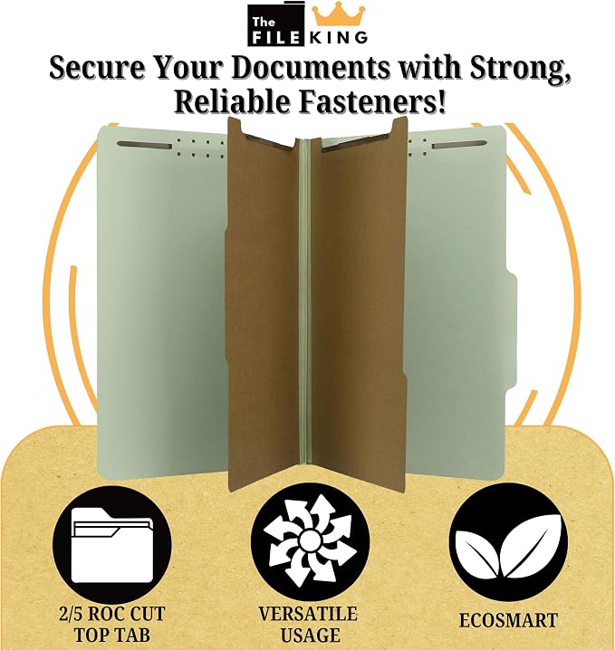 The File King Pressboard Classification Pale Green Partition File Folder | Legal Size - Box of 10 | Two Dividers | Six 2” Durable Fastener Prongs | 2/5 Cut Top Tab | 2” Expansion - Image 3