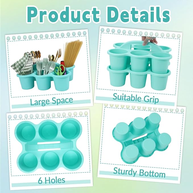 6 Pack Classroom Caddy with Handle Plastic Storage Caddy Organizer with 6 Compartments Drink Cup Caddies Holder Portable Storage Bin for Pencil, Crayon, Marker, Home, Office, School Supplies(Blue) - Image 3