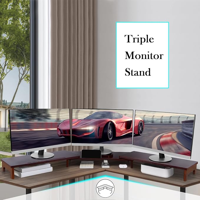 Nnewvante Dual Monitor Riser, 60 inch Bamboo Monitor Stand for Desk, Walnut | Adjustable Length Angle, 3 Shelves Desktop Screen Riser, For Computer Laptop PC - Image 6