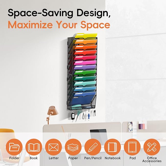 13-Tier Wall File Organizer with Hook, Hanging File Organizer Black | Wall-mounted mail storage holds papers, folders, files, clipboards and magazines, assembly required for office or home use. - Image 4