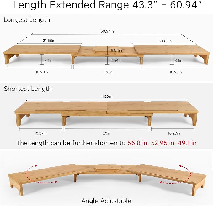 Nnewvante Monitor Stand Riser 60 inch Bamboo Dual Monitor Stand for Desk | Adjustable Length Angle, 3 Shelves Desktop Screen Riser, For Computer Laptop PC - Image 4