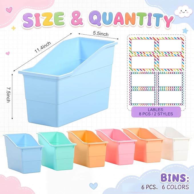Blosssound 6 Set Book Bins for Classroom with Label Sticker Book Box Baskets Plastic Stackable Organizing Bins Storage & Organization for Classroom Library Home School Supplies (Cloud Pastel) - Image 3