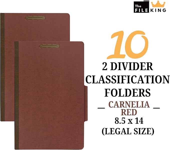 The File King Two Divider Legal Size Pressboard Classification File Folder - Brick Red | Made in America | Box of 10 | Top Tab | 2” Expansion | Durable 2-Inch Fastener Prongs - Image 2