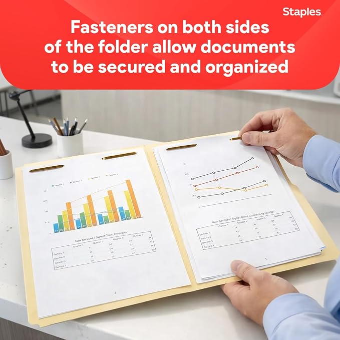 Staples Reinforced Tab Fastener Folder, Letter Size, Manila Pressboard | Durable construction with metal fasteners for secure document filing. 50/Pack. - Image 5