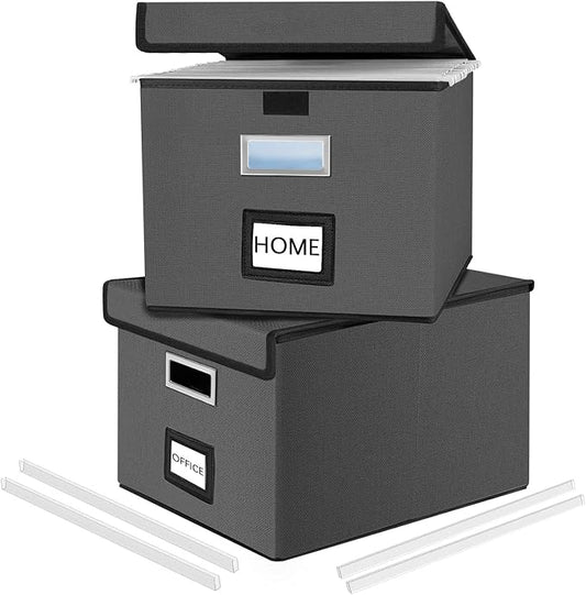 File Organizer Box with Lids, Collapsible File Folder Organizer | File Box with Plastic Slides for Document, Filing Bin for Letter Size Hanging File Folders (2 Pack, Dark Gray) by Huolewa