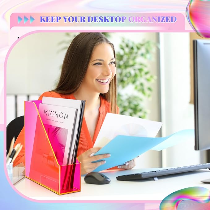 Engrowtic 2 Pcs Fluorescent Powder Vertical Magazine File Holder Acrylic Magazine Holder Storage Organizer Plastic Acrylic Rack for Office Classroom Home Document Paper Book Collection Back to School - Image 2