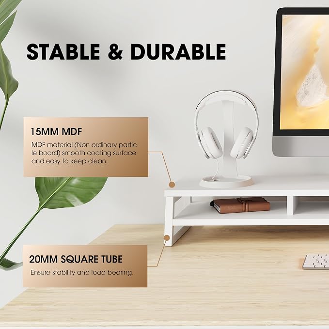Fenge Dual Monitor Riser for Desk, Open Shelf with 3 Storage Compartments | 42.5in Computer Monitor Stand, 2-Tier Desk Shelf for Top of Desk,One-Piece Panel, fit Ultrawide Monitor, PC, Laptop, White - Image 4