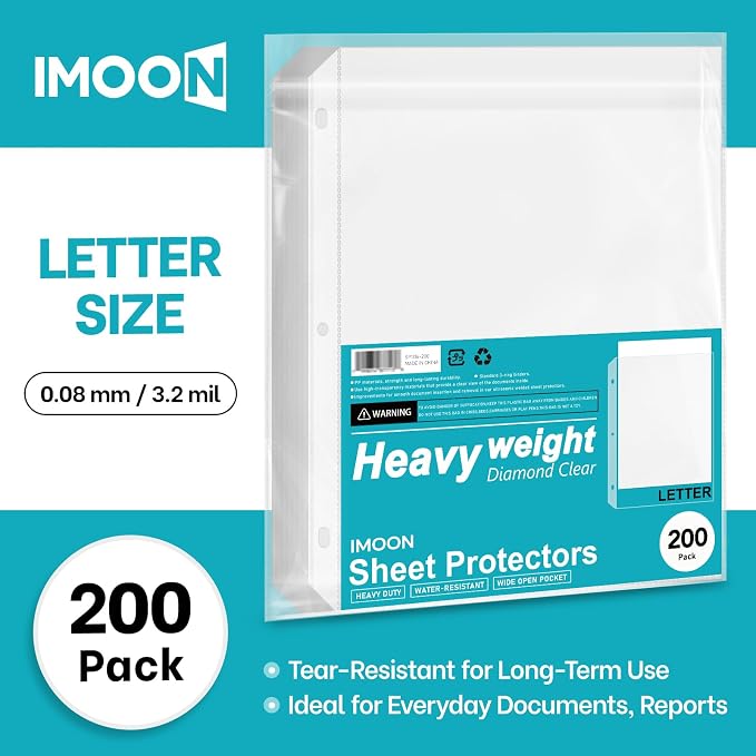Heavyweight 3-Hole Letter Size Sheet Protectors - High Transparency Plastic Heavy Duty Sleeves for 3 Ring Binders, Archival Safe, Durable Page Protectors for Documents, 8.5x11 Inch (200 Pack) - Image 2